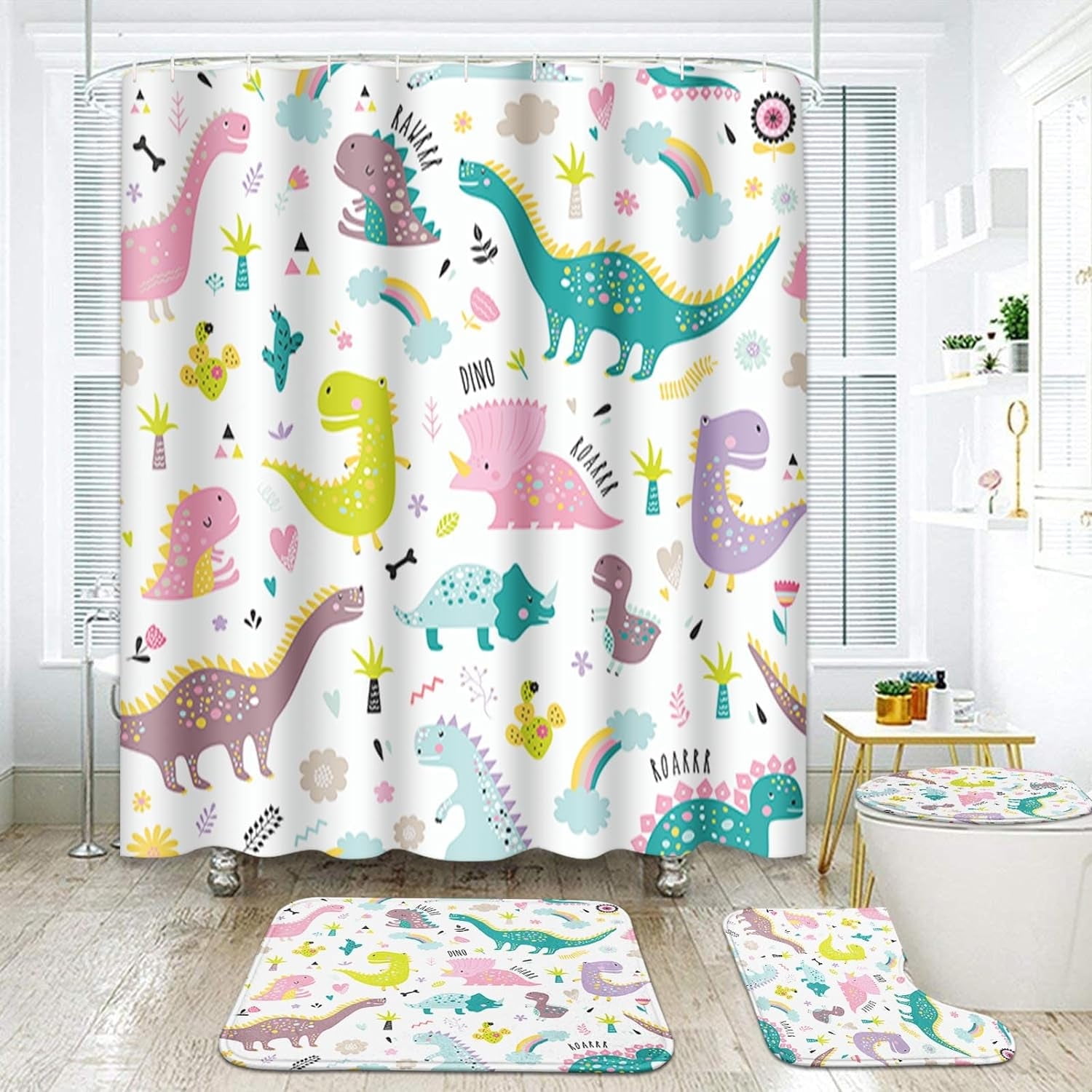 Dragon Dinosaurs Bathroom Sets with Shower Curtain and Rugs and Accessories, Colorful Rainbow ...