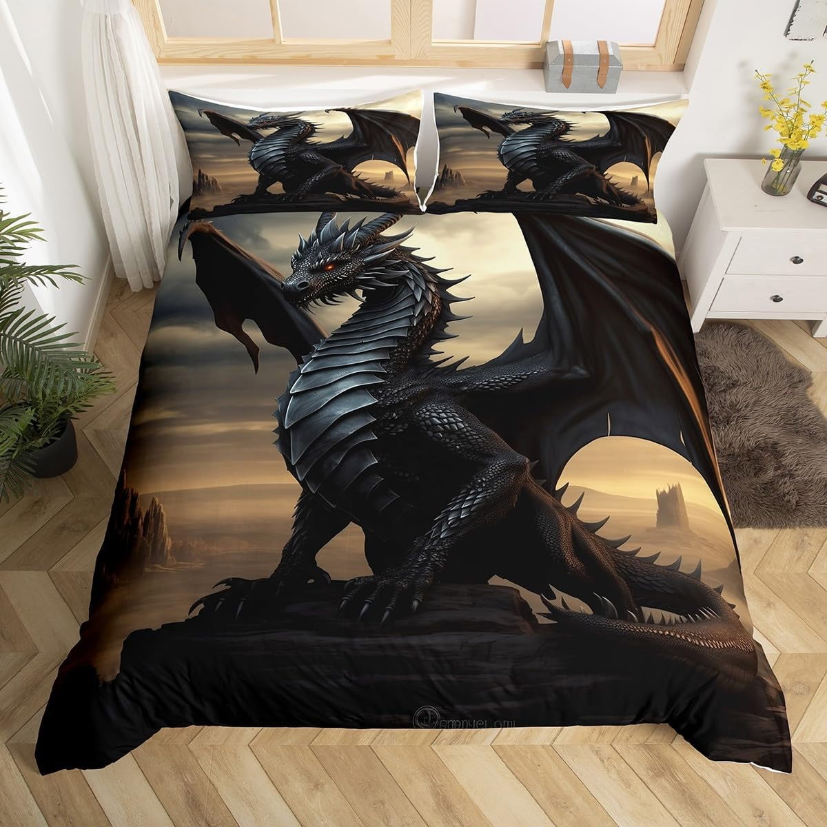 Dragon Duvet Cover for Boys Girls Kids,Black Gothic Bedding Set Dragon Bedroom Decor,Safari
