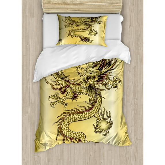 Dragon Duvet Cover Set, Chinese Snake Dragon Theme Background Eastern Oriental Abstract Art Graphic, Decorative 2 Piece Bedding Set with 1 Pillow Shams, Twin Size, Mustard and Black, by Ambesonne