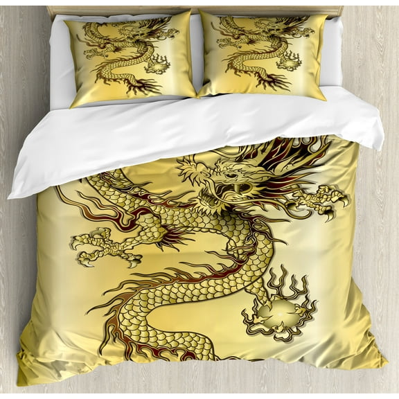 Dragon Duvet Cover Set, Chinese Snake Dragon Theme Background Eastern Oriental Abstract Art Graphic, Decorative 3 Piece Bedding Set with 2 Pillow Shams, King Size, Mustard and Black, by Ambesonne