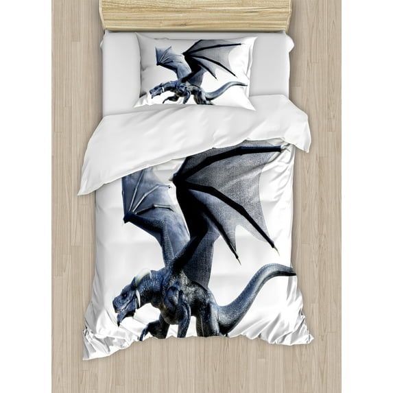 Dragon Duvet Cover Set, Creature Flying Digital Effects Featured Wings Illustration, Decorative 2 Piece Bedding Set with 1 Pillow Shams, Twin Size, Charcoal Grey, by Ambesonne