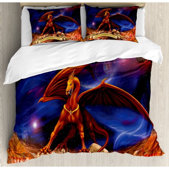 Dragon Duvet Cover Set, Fantasy Scene Animal Knight Against Cosmos Galaxy Planetary Space Background, Decorative 3 Piece Bedding Set with 2 Pillow Shams, King Size, Blue Cinnamon, by Ambesonne