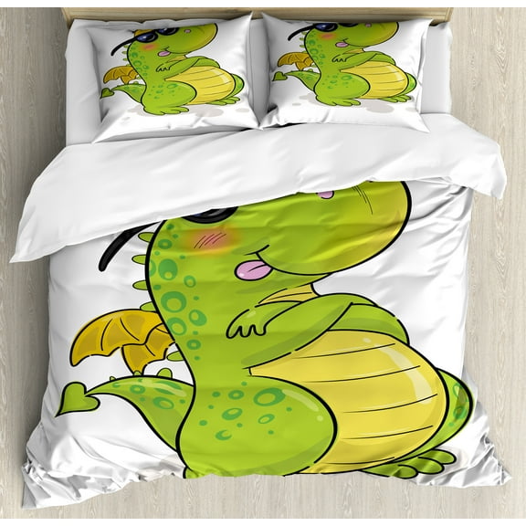 Dragon Duvet Cover Set, Funny Cartoon Style Character in Sunglasses Summer Vibes, Decorative 3 Piece Bedding Set with 2 Pillow Shams, King Size, Apple Green Multicolor, by Ambesonne