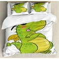 thumbnail image 1 of Dragon Duvet Cover Set, Funny Cartoon Style Character in Sunglasses Summer Vibes, Decorative 3 Piece Bedding Set with 2 Pillow Shams, Queen Size, Apple Green Multicolor, by Ambesonne, 1 of 3