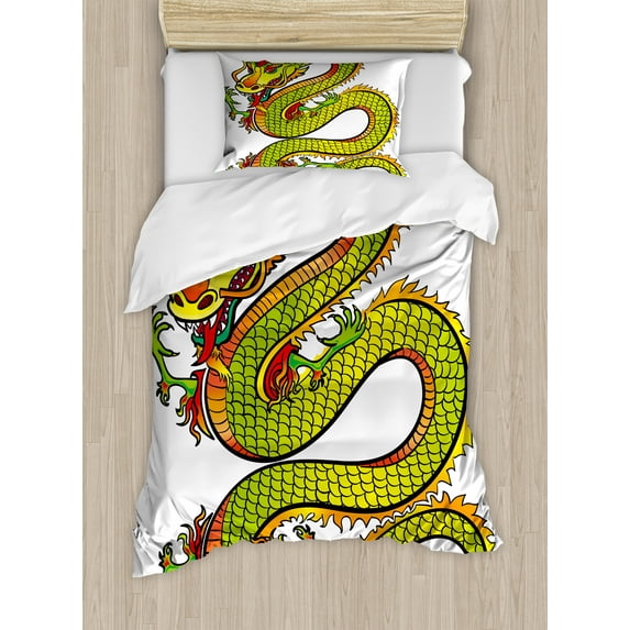 Dragon Duvet Cover Set, Japanese Old Fashion Folk Myth Creature in Vibrant Toned Design, Decorative 2 Piece Bedding Set with 1 Pillow Shams, Twin Size, Lime Green Marigold Red, by Ambesonne