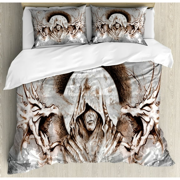 Dragon Duvet Cover Set, Monk Witch on Tree Branches Background Gothic Medieval Magic Graphic, Decorative 3 Piece Bedding Set with 2 Pillow Shams, King Size, Grey Umber Brown, by Ambesonne