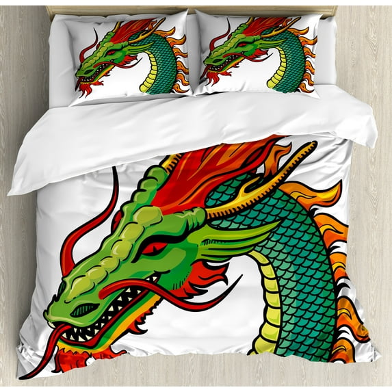 Dragon Duvet Cover Set, Monster Head Portrait Traditional Danger Retro Animal Cartoon, Decorative 3 Piece Bedding Set with 2 Pillow Shams, Calking Size, Fern Green Orange Red, by Ambesonne