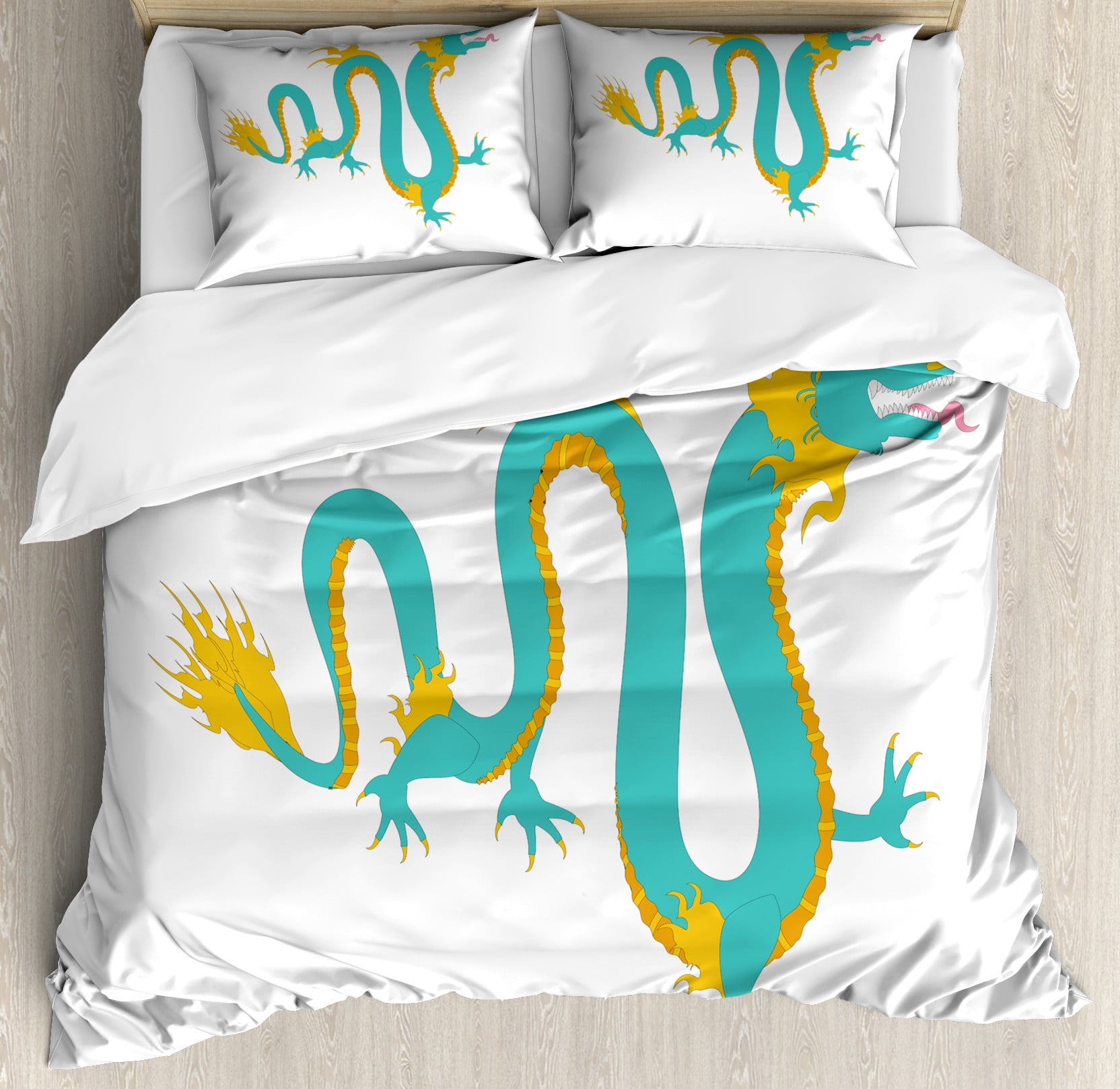 Dragon Duvet Cover Set, Mythological Chinese Illustration Monstrous