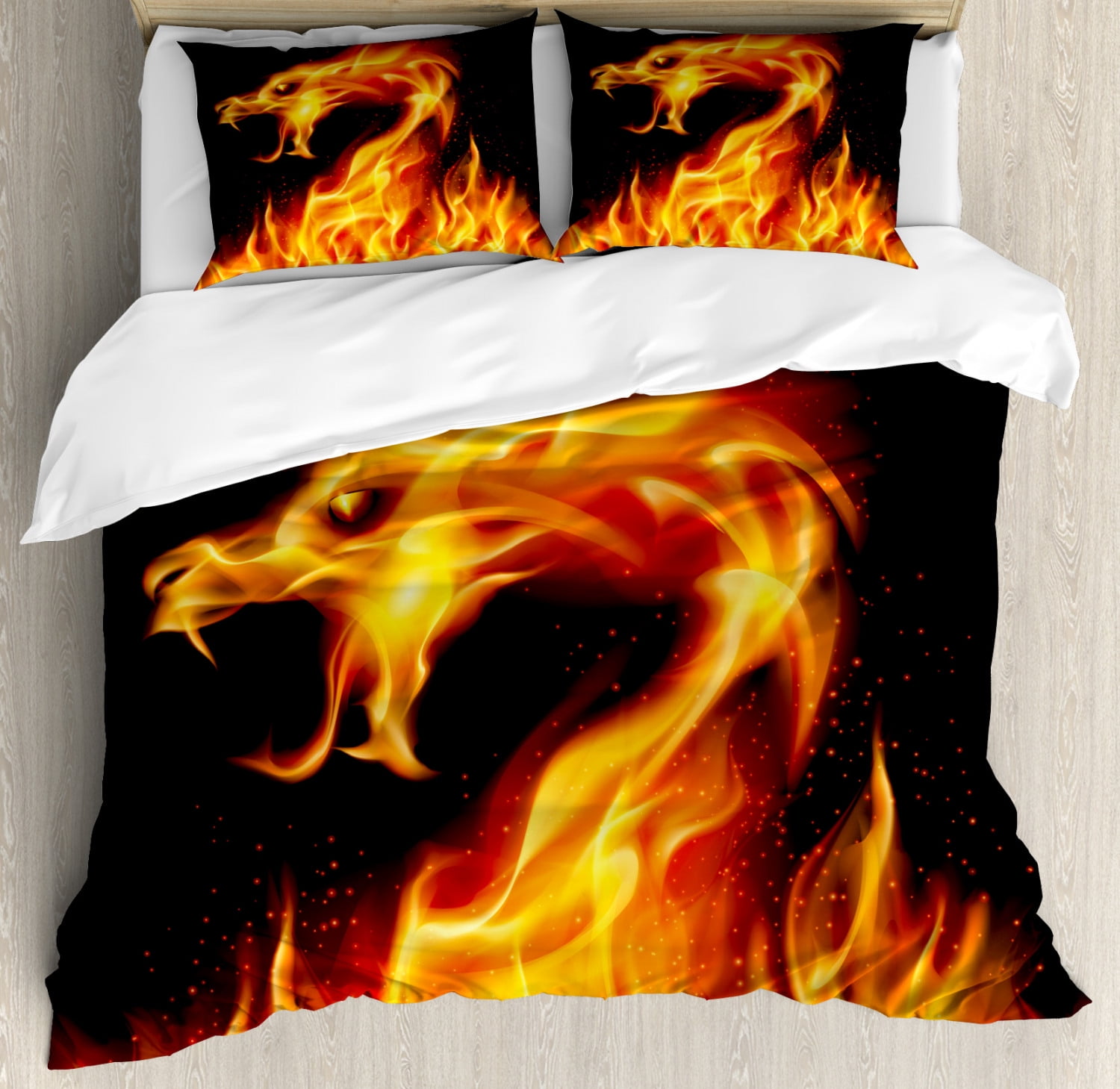 Fiery Dragon Black and Orange Microfiber Queen Duvet Set