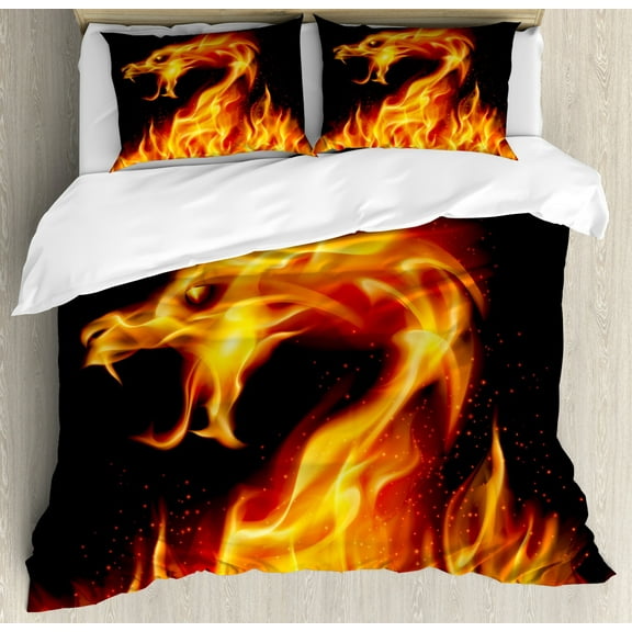 Dragon Duvet Cover Set Queen Size, Abstract Fiery Creature on Black Background Legendary Fantastic Asian Illustration, Decorative 3 Piece Bedding Set with 2 Pillow Shams, Orange Black, by Ambesonne