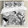 thumbnail image 1 of Dragon Duvet Cover Set Queen Size, Tattoo Style Traditional Asian Winged Creature with Ornamental Ethnic Artsy Pattern, Decorative 3 Piece Bedding Set with 2 Pillow Shams, Black White, by Ambesonne, 1 of 3