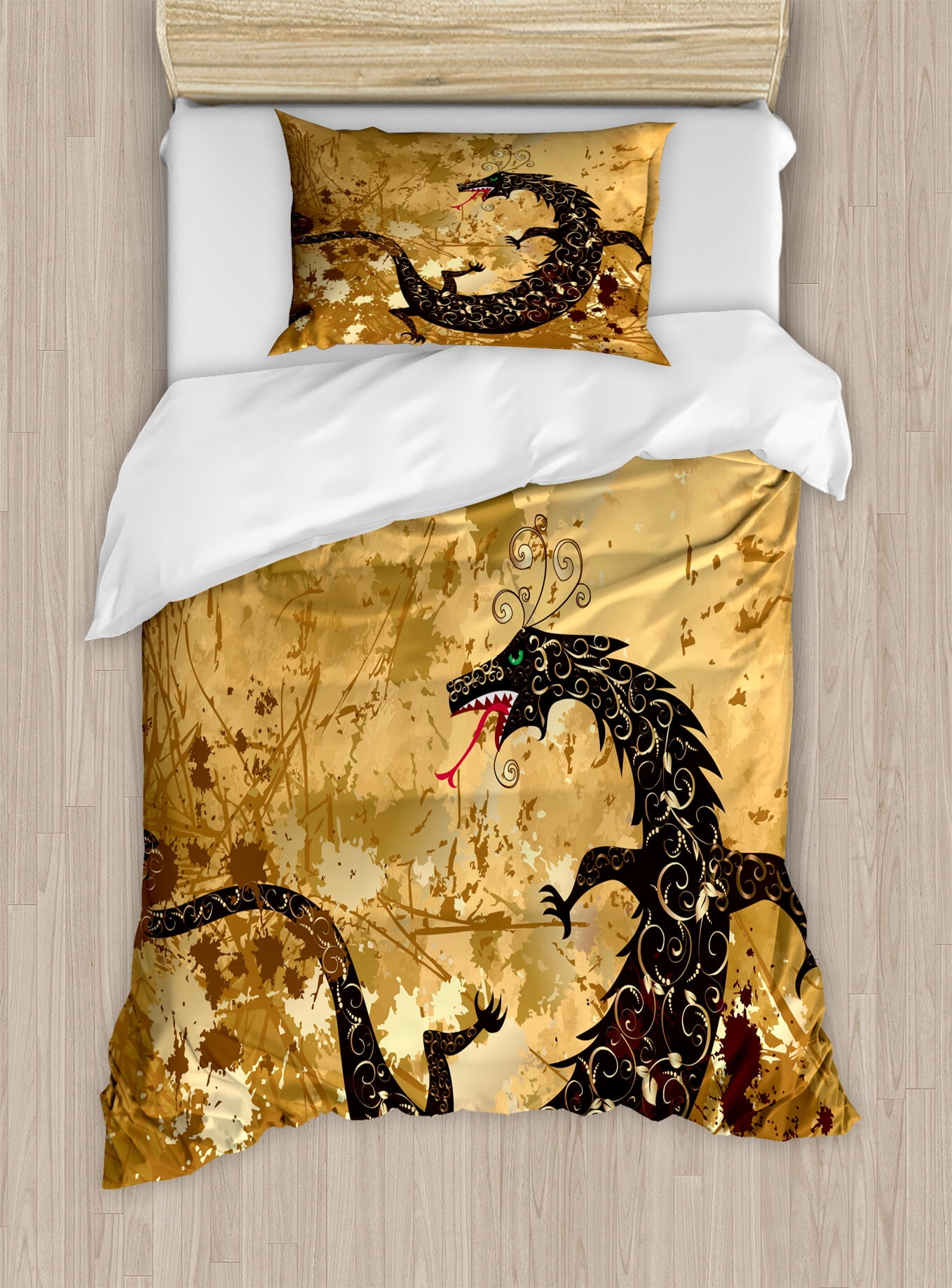 Dragon Duvet Cover Set, Reptile Dragon Grunge Floral Ornate Retro Image