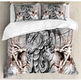 thumbnail image 1 of Dragon Duvet Cover Set, Scary Creature in Sketch Horror Scene Monster Tattoo Art Gothic Picture, Decorative 3 Piece Bedding Set with 2 Pillow Shams, Calking Size, Grey Umber, by Ambesonne, 1 of 3