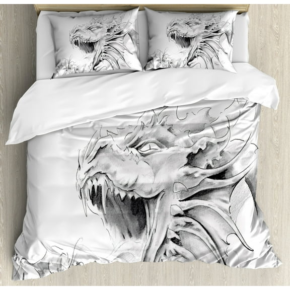 Dragon Duvet Cover Set, Sketch of A Medieval Spiritual Character Mythological Creature Abstract Design, Decorative Bedding Set with Pillow Shams, Pale Grey White, by Ambesonne