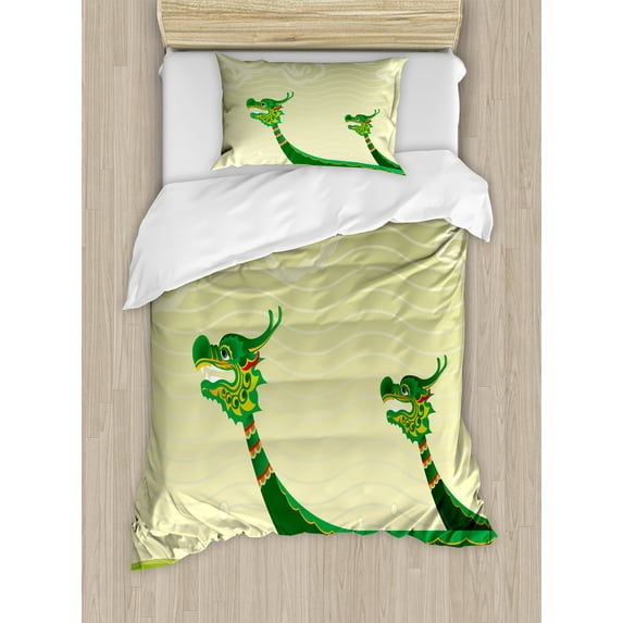 Dragon Duvet Cover Set, Tatsu Mythical Animal Chips in Ocean Design, Decorative 2 Piece Bedding Set with 1 Pillow Shams, Twin Size, Pistachio and Fern Green, by Ambesonne