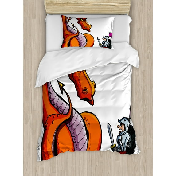 Dragon Duvet Cover Set Twin Size, Cartoon of A Knight Facing A Fierce Fire Spitting Character Medieval Humor Sketch, Decorative 2 Piece Bedding Set with 1 Pillow Sham, Multicolor, by Ambesonne