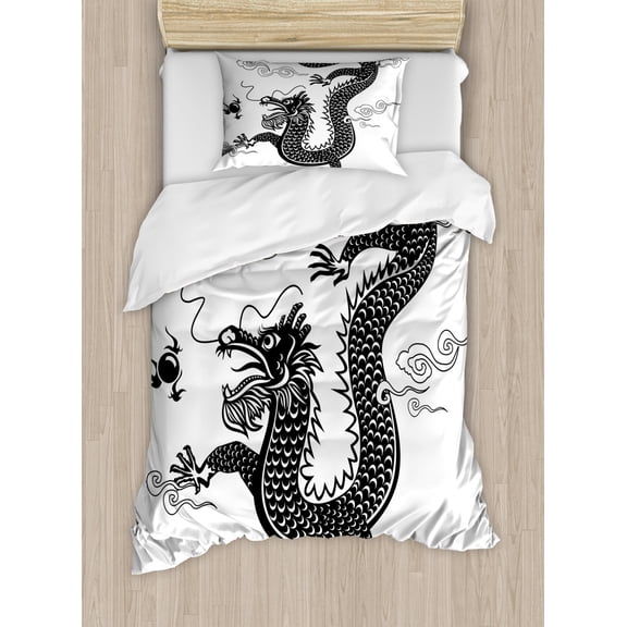 Dragon Duvet Cover Set Twin Size, Funny Traditional Chinese Dragon at Sea Waves with Sacred Calligraphy Ethnic Print, Decorative 2 Piece Bedding Set with 1 Pillow Sham, Multicolor, by Ambesonne