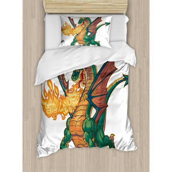 Dragon Duvet Cover Set Twin Size, Mythical Fire Spitting Monster Dreamy Mascot Reptilian Culture Cartoon, Decorative 2 Piece Bedding Set with 1 Pillow Sham, Dark Orange Hunter Green, by Ambesonne