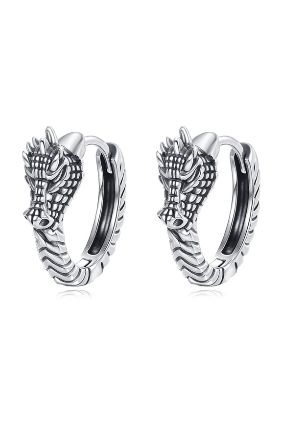 Dragon Earrings for Men Women Hypoallergenic S925 Sterling Silver Punk Rock Black Hoop Earrings Huggie Jewelry (Oxidized Dragon)