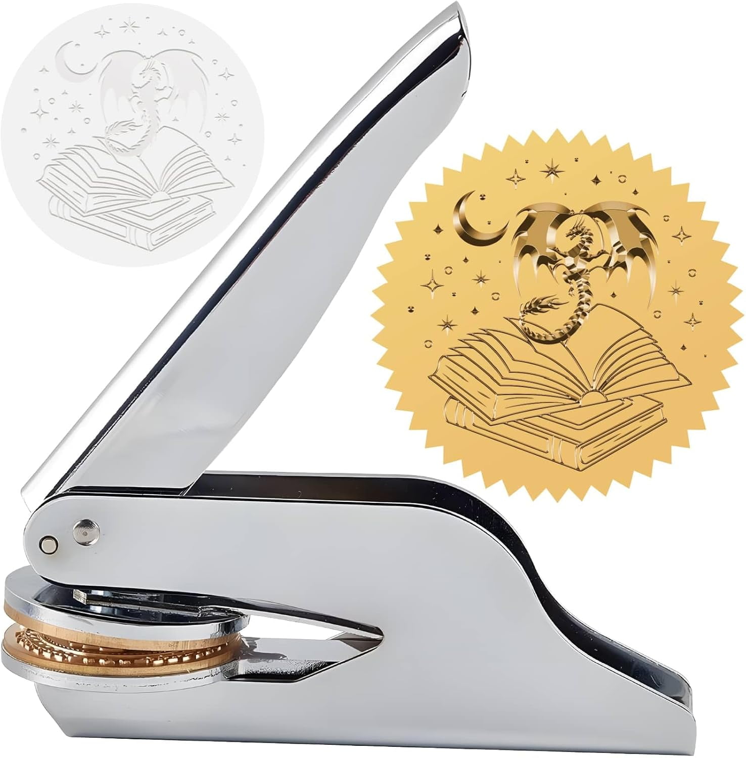 Dragon Embossed Stamp Book Ex Libris Library 1.6in Stainless Seal Stamper Hand Held Embosser Bookplate Bookish Teacher Notary