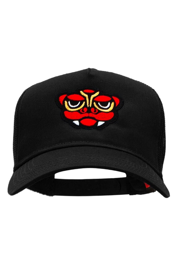 Dragon Embroidered Solid Cotton Twill 5 panel Mesh Cap - Black OSFM