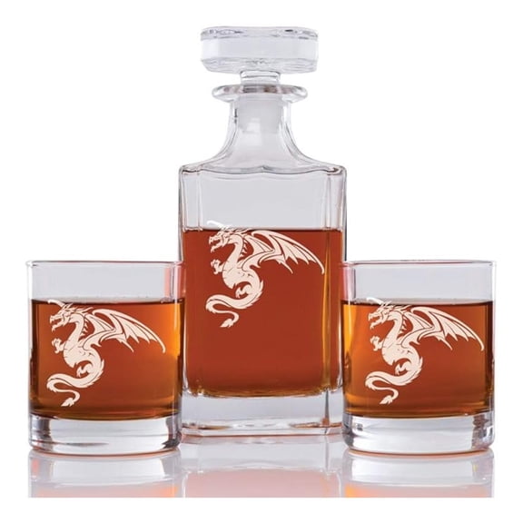Dragon Engraved Decanter Set - Abby Smith 3pc Whiskey Glasses & Decanter - 750ml Decanter, 10oz Rocks Glasses - Etched Glass Drinkware Gift Set