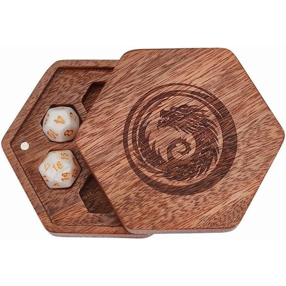 Dragon Engraved Walnut Wood Dice Magnetic Storage Boxes Gaming Dice Box for Polyhedral RPG and Tabletop Gaming Coconut Brown