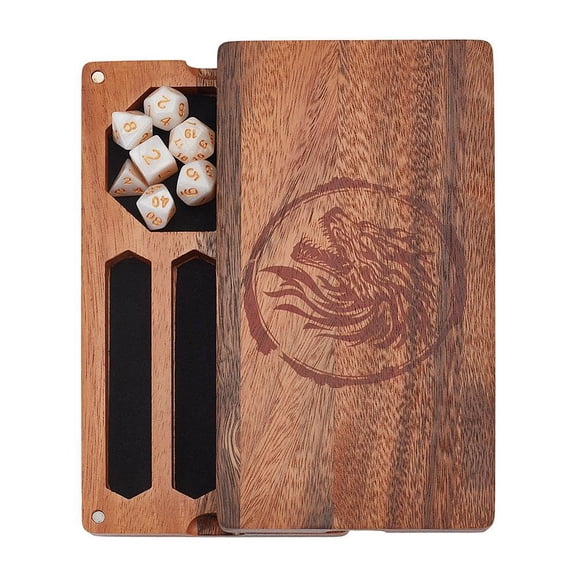 Dragon Engraved Walnut Wood Dice Magnetic Storage Boxes Rectangle Gaming Dice Box for Polyhedral RPG and Tabletop Gaming Coconut Brown DIY