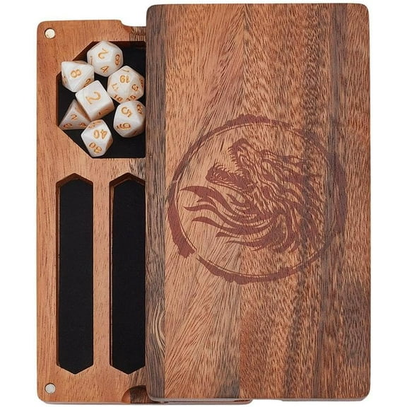 Dragon Engraved Walnut Wood Dice Magnetic Storage Boxes Rectangle Gaming Dice Box for Polyhedral RPG and Tabletop Gaming Coconut Brown