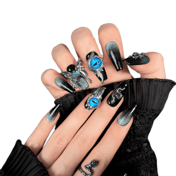 Dragon Eye Press On Nails, Long Coffin Black Green Cat Eye False Nails