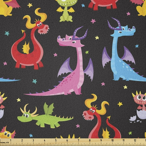 Dragon Fabric by The Yard, Different Kinds of Colorful Comic Dragons on a Black Background with Little Stars, Stretch Knit Fabric for Clothing Sewing and Arts Crafts, 1 Yard, Multicolor, by Ambesonne