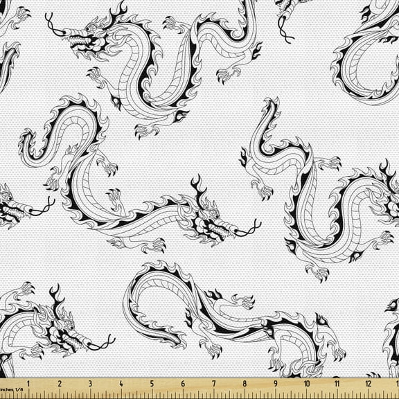 Ambesonne Dragon Fabric by the Yard Upholstery, Long Creature Art, 10 Yards, Charcoal Grey and White
