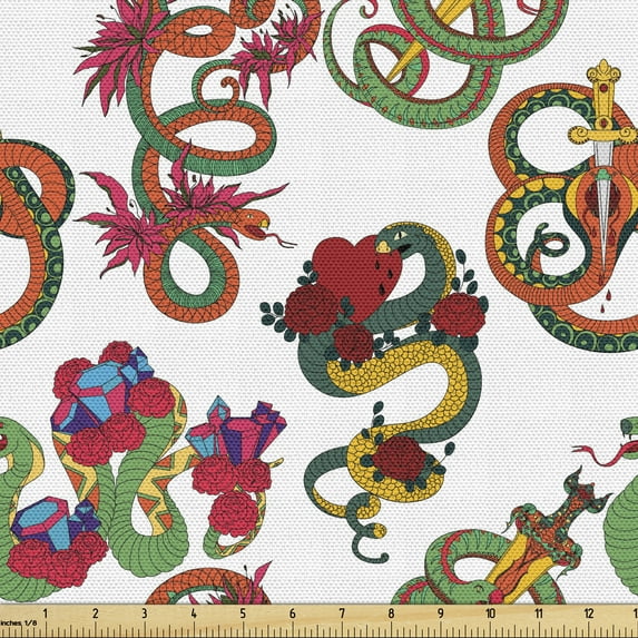 Ambesonne Dragon Fabric by the Yard Upholstery, Flowers and Snakes Ornaments, 10 Yards, Multicolor