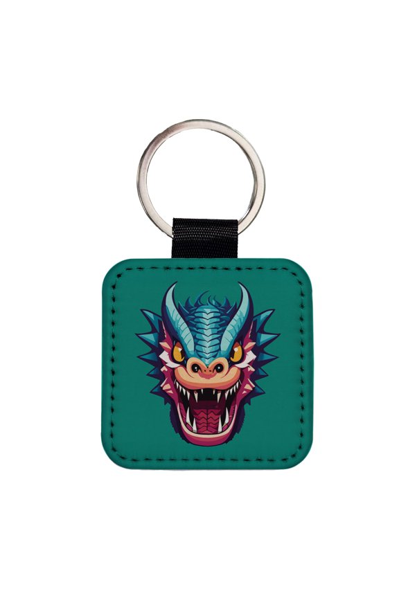 Dragon Face Angry Blue Faux Leather Square Keychain