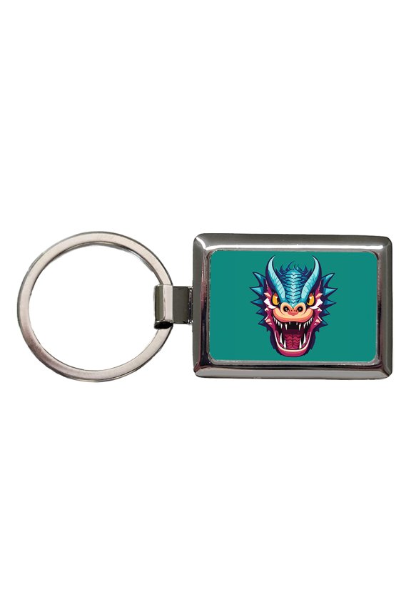 Dragon Face Angry Blue Metal Rectangle Keychain