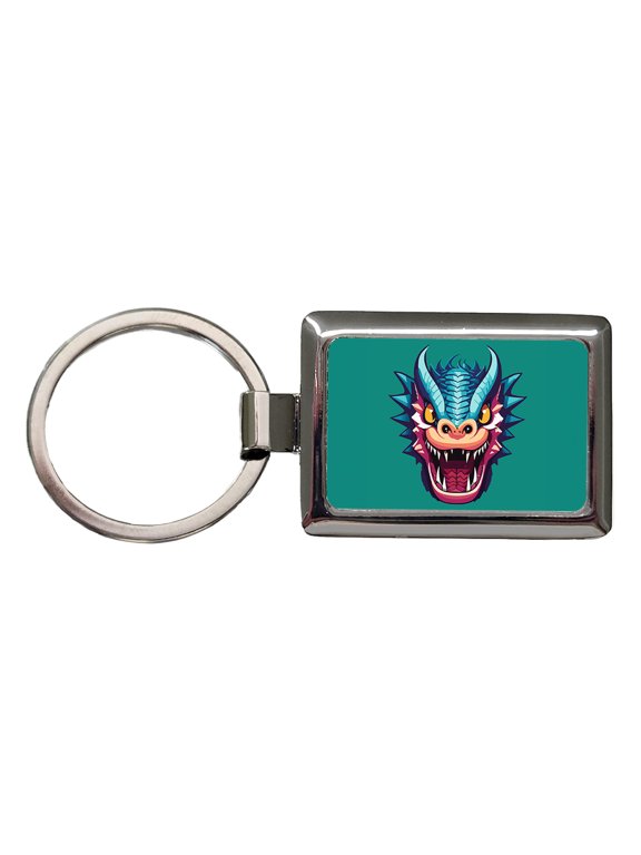 Dragon Face Angry Blue Metal Rectangle Keychain