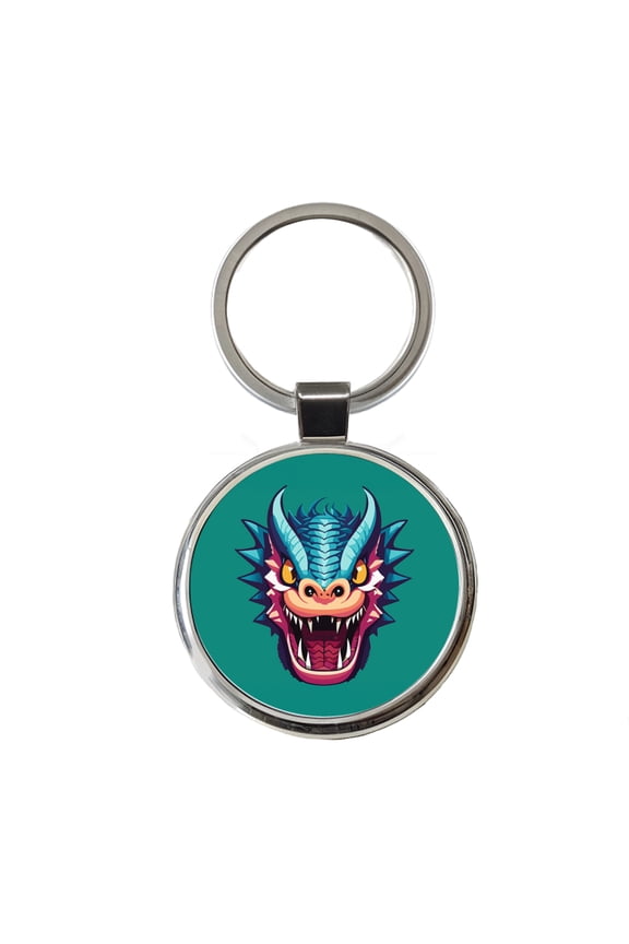 Dragon Face Angry Blue Metal Round Keychain