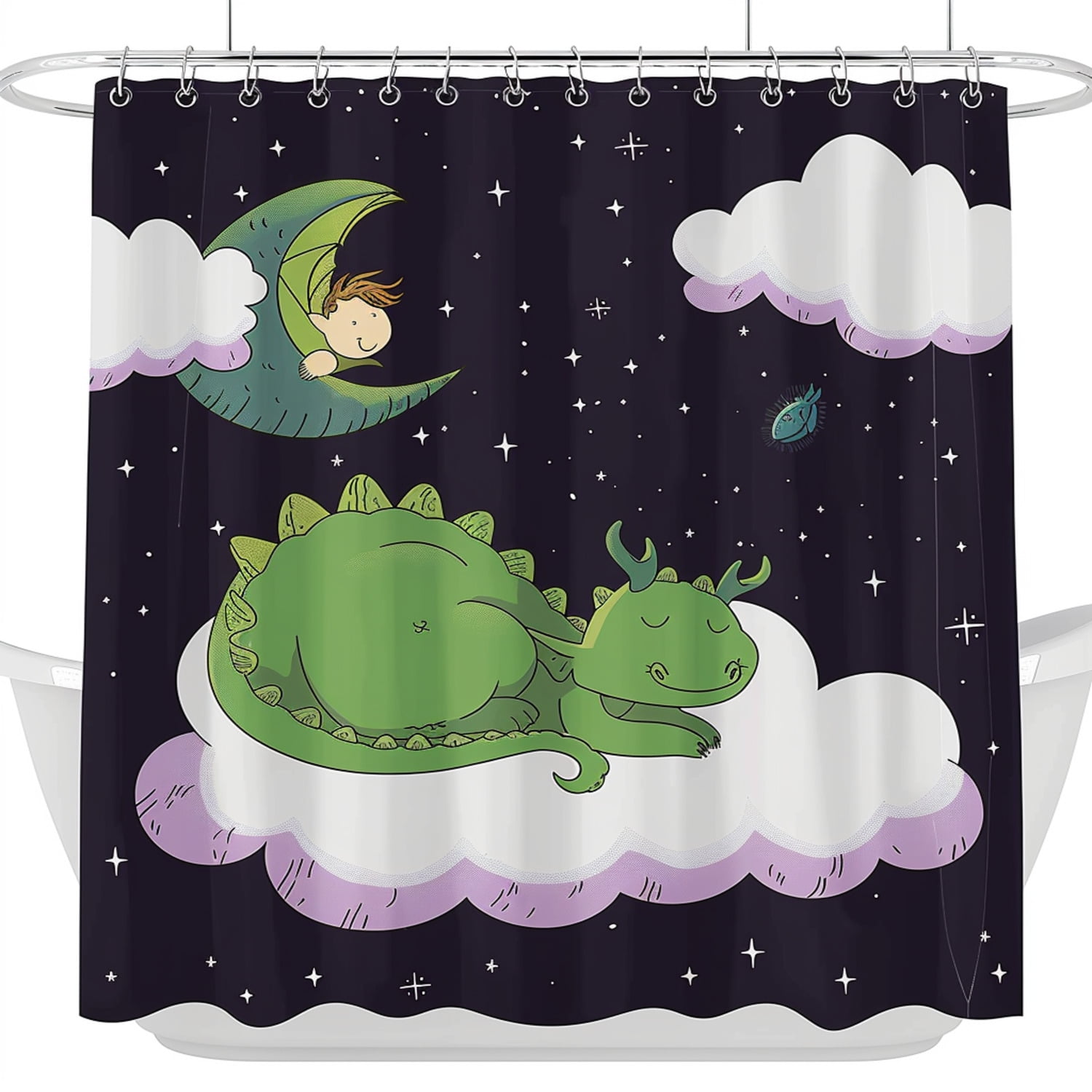 Dragon Fairy Night Sky Shower Curtain Minimalist Cartoon Style Bathroom
