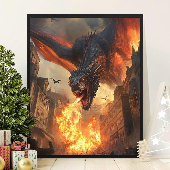 Dragon Fantasy Art Fire Breathing Dragon Poster Epic Dragon Attack Wall Art Medieval Landscape Fantasy Decor Urban Destruction Fantasy POSTER