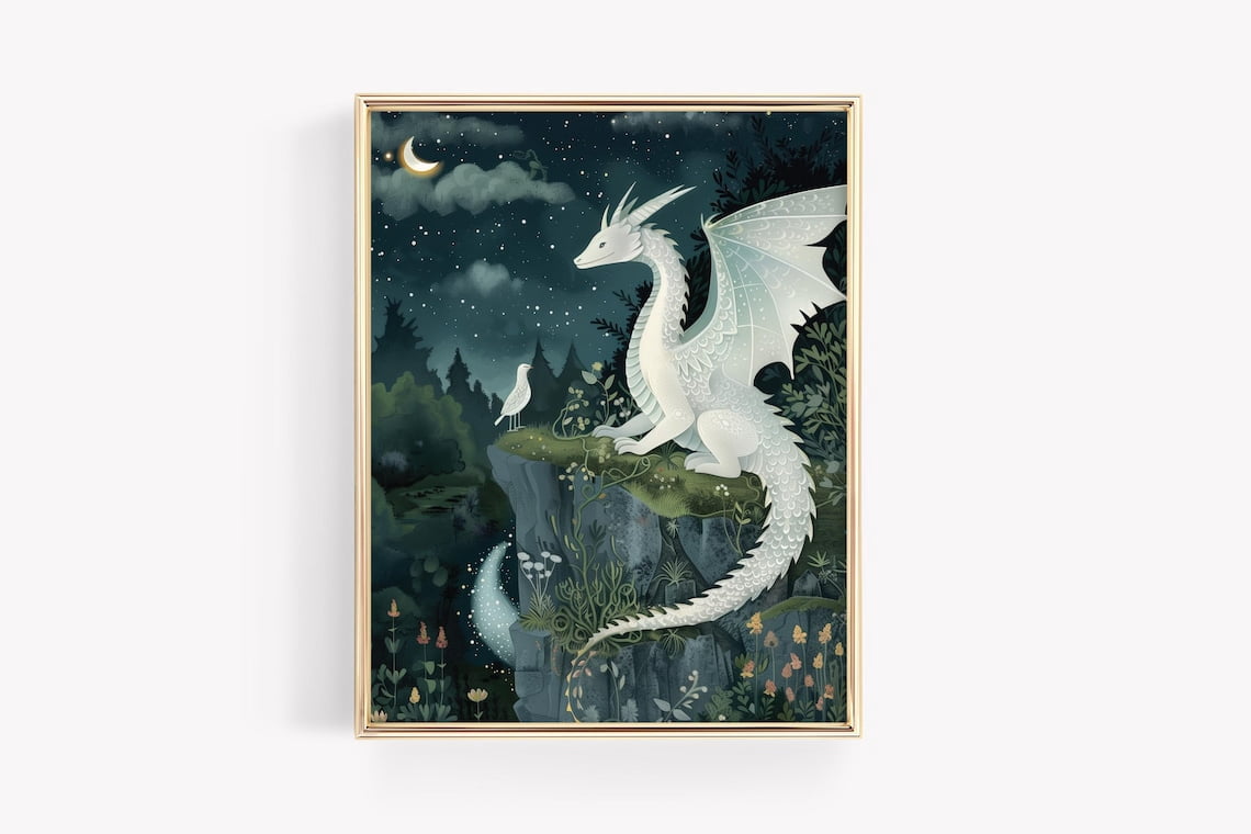 Dragon Fantasy Art Whimsical Nursery Illustration Moon Mystic Night Sky ...