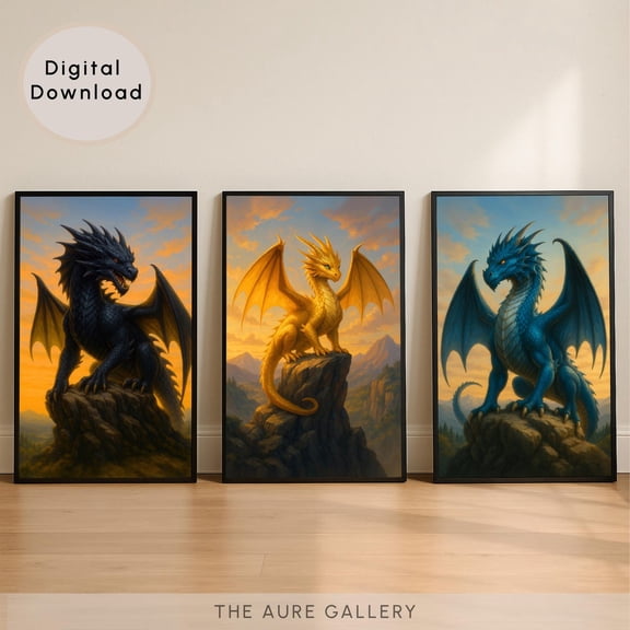Dragon Fantasy Book Theme Wall Art Set 3 Stretched Canvas 8x12