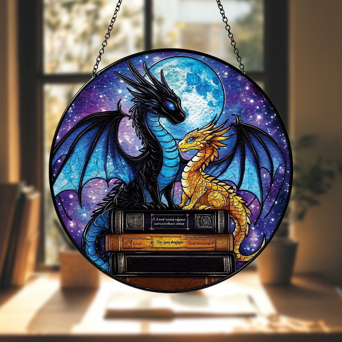 Dragon Fantasy Moon Book Stained Glass Window Hanging Lover Gift Art ...