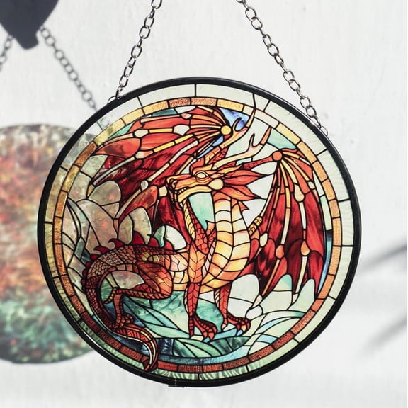 Dragon Fantasy Suncatcher - Stained Glass Art,Mythical Fire Creature,Window Hanging Decor,Unique Gift Idea,Home Display