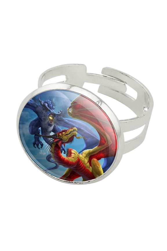 Dragon Fight Slash and Burn Fantasy Silver Plated Adjustable Novelty Ring