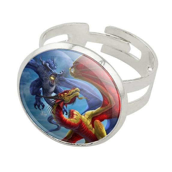 Dragon Fight Slash and Burn Fantasy Silver Plated Adjustable Novelty Ring
