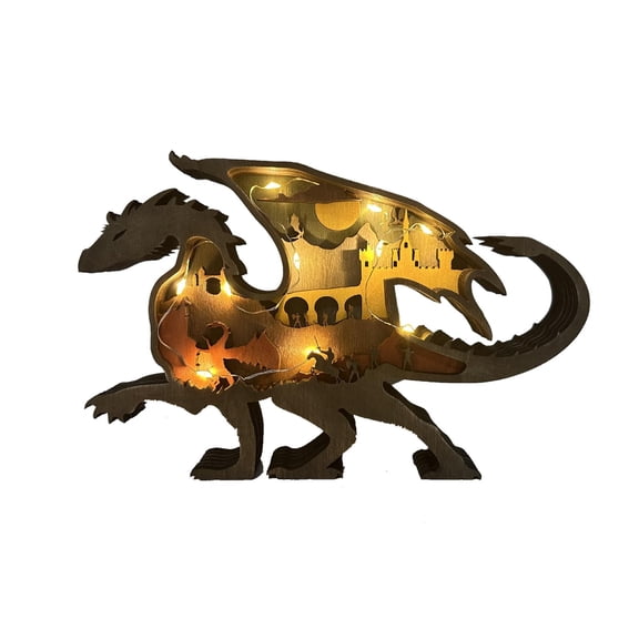Dragon Figurine Decor, Lighted Up Wooden Centerpiece Animal Table Decorations, 3D Multilayer Castle Wall Art Carved Dragon Decor, Dragon Decor for Home Office Bookshelf,Glowing Dragon Decor