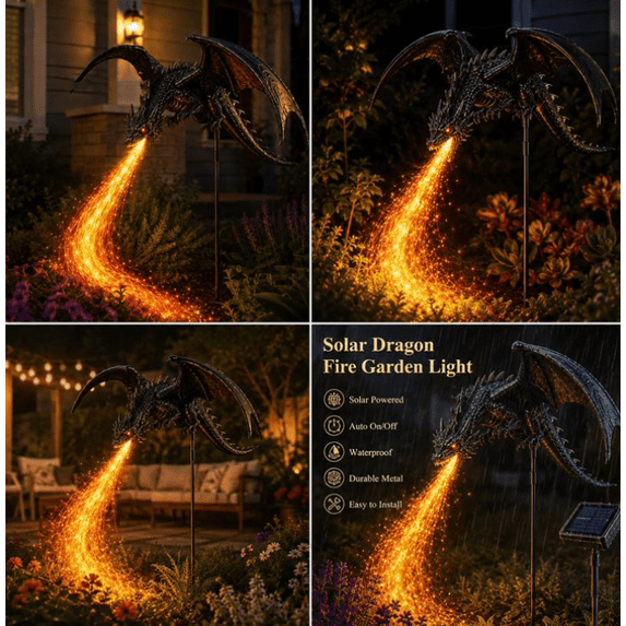 Dragon Fire Solar Powered Garden Stake Light, Impressive Warm Flame Glow Ornament for Walkway Entryway Flower Bed Backyard Night Landscape Layout