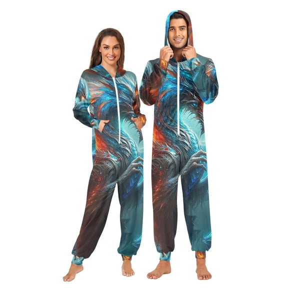 Dragon Fire and Water Adult Onesie Pajamas Slim Fit Christmas One Piece Suit Pjs for Women and Men Hooded Zipper