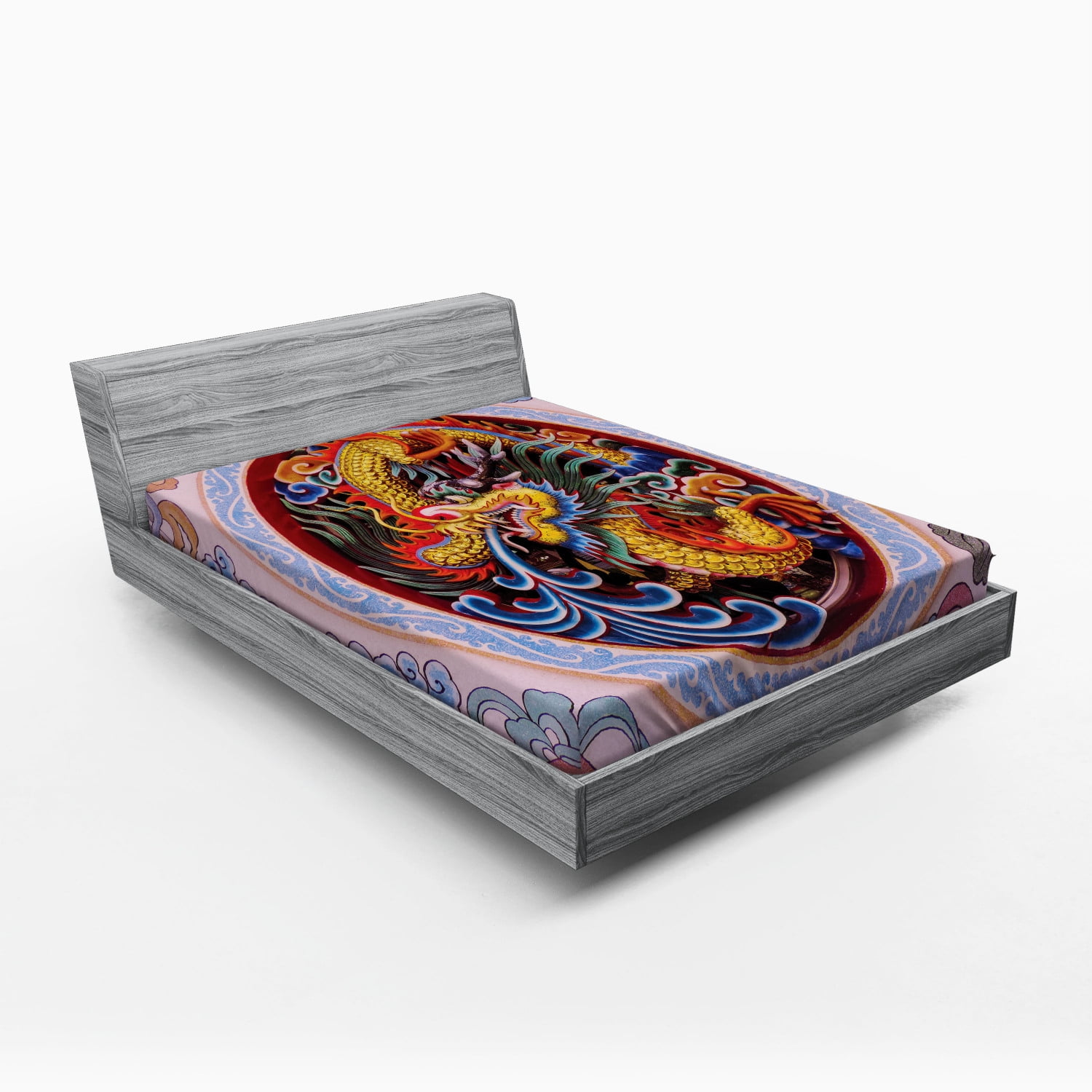 Ambesonne Flower Fitted Sheet, Chinese Dragon Mythical, Queen Size