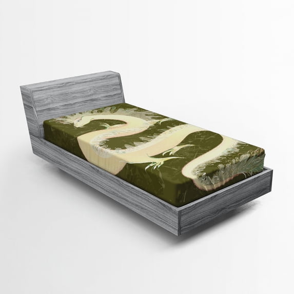 Ambesonne Green Fitted Sheet, Chinese Dragon&nbsp;Eastern, Twin XL Size, Yellow and Green
